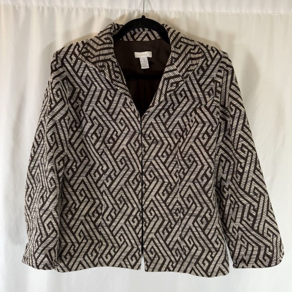 Chico's Blazer Jacket Women's 8 Brown Textured Woven Hook Eye Collared Long Slv